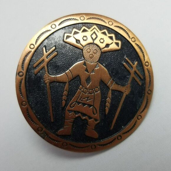 Vintage Copper Kachina Dancer Brooch Native American Figure Katsina Spirit Pin - Picture 6 of 6